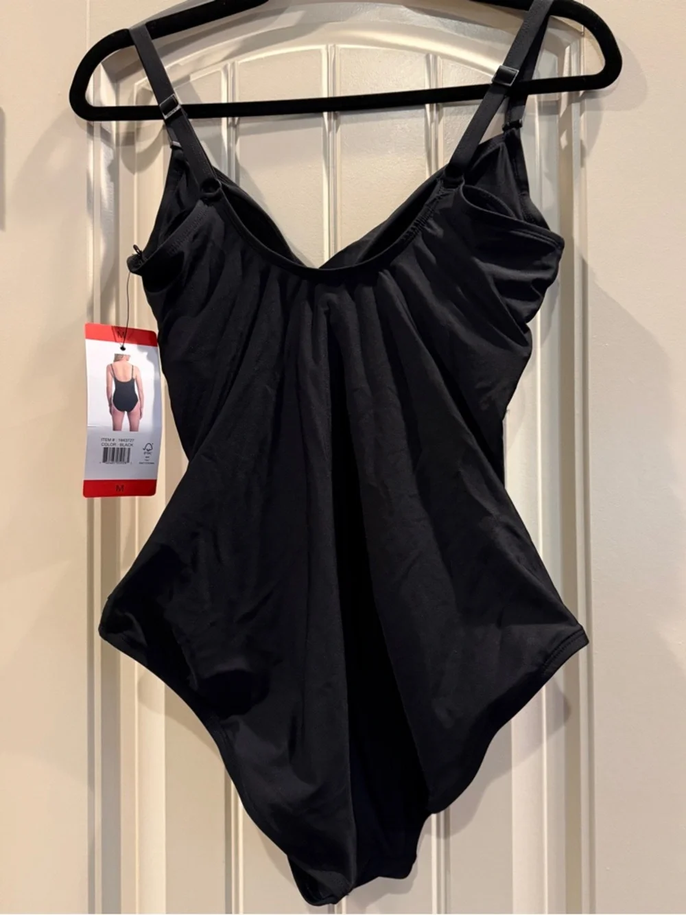 DKNY Black Surplice Spaghetti Strap Tummy Control One Piece Swimsuit Medium NWT - Picture 7 of 9